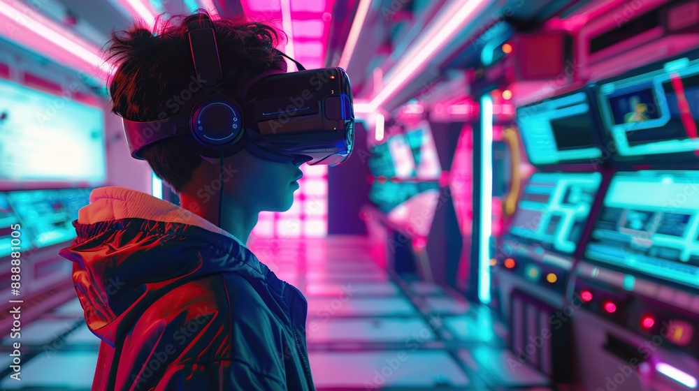 Teenager wearing vr headset in room with futuristic lights Teenager wearing vr headset in room with futuristic lights