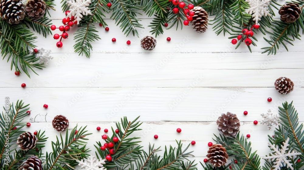 Festive background with evergreen branches berries pine cones and decor on white wood Top view with room for text Festive background with evergreen branches berries pine cones and decor on white wood Top view with room for text
