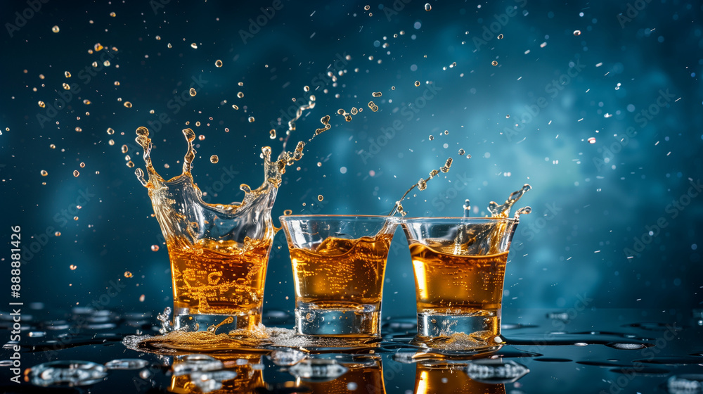 During the toast, tequila glasses clink together and the amber liquid gushes out in all directions. Splashing drops create a spectacular visual effect on a smooth background.
During the toast, tequila glasses clink together and the amber liquid gushes out in all directions. Splashing drops create a spectacular visual effect on a smooth background.
