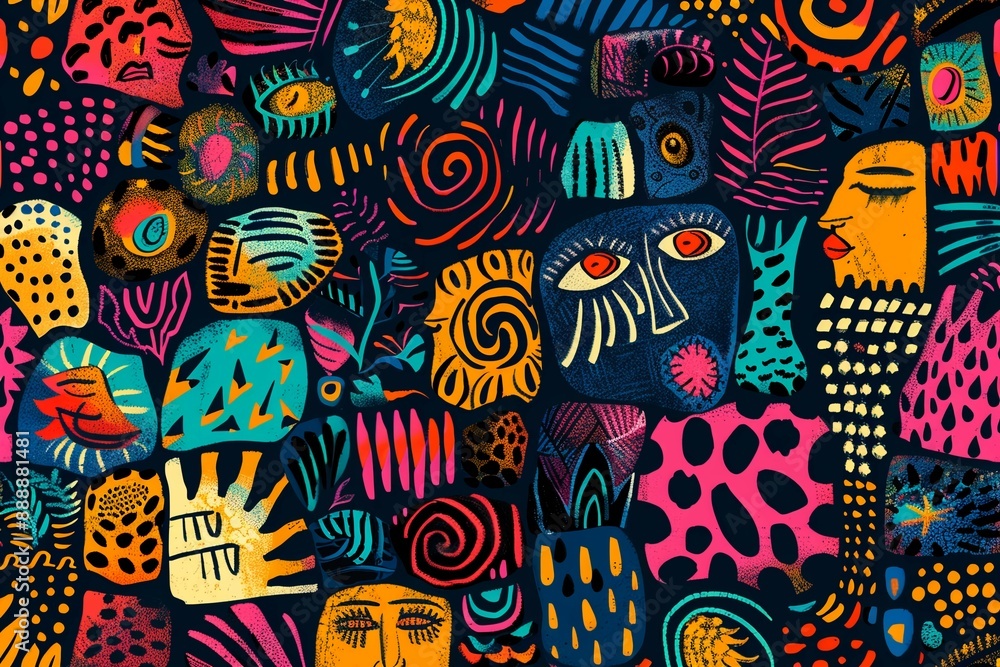 Naklejka premium Multicolored abstract African pattern in the style of psychedelic paintings