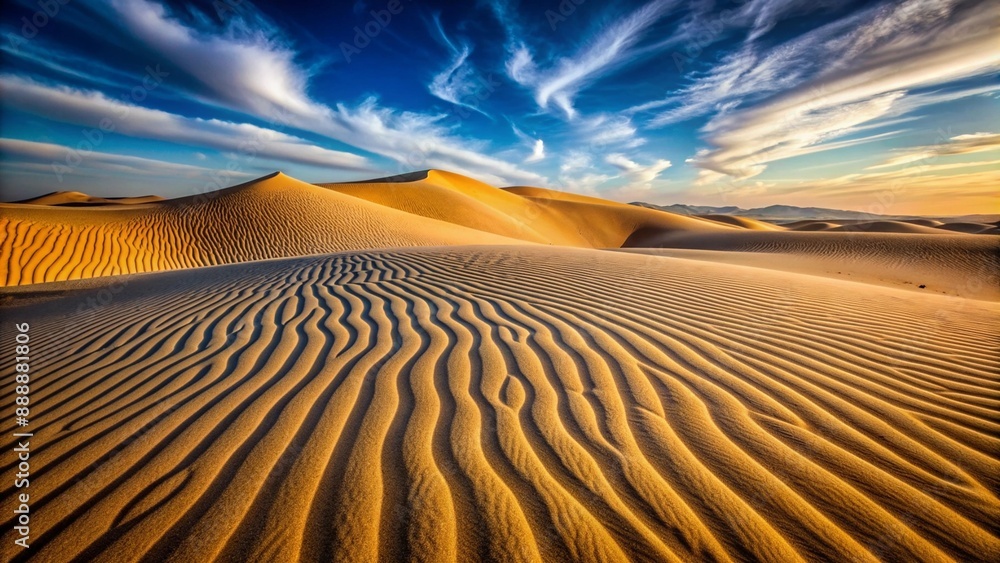 Naklejka premium Fiery orange hues paint the desert sky as the sun dips below the endless sand dunes