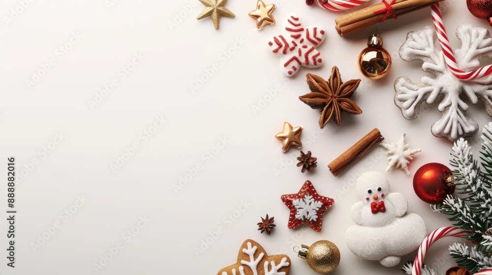 Festive white backdrop with space for text and toys for holiday season Festive white backdrop with space for text and toys for holiday season