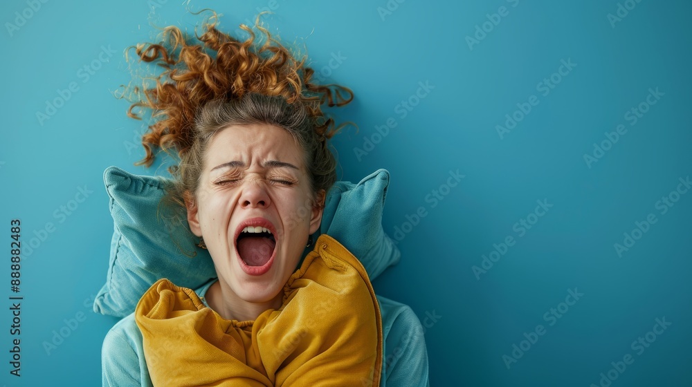 Person with yawning and pillow Person with yawning and pillow