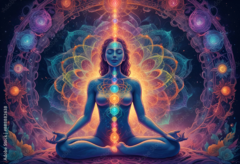 Immerse in higher yoga with a vivid illustration of 7 colored chakras, DMT visions, trippy psychedelic multiverse. Perfect for meditation, spirituality, wellness themes, essence of connectedness Immerse in higher yoga with a vivid illustration of 7 colored chakras, DMT visions, trippy psychedelic multiverse. Perfect for meditation, spirituality, wellness themes, essence of connectedness