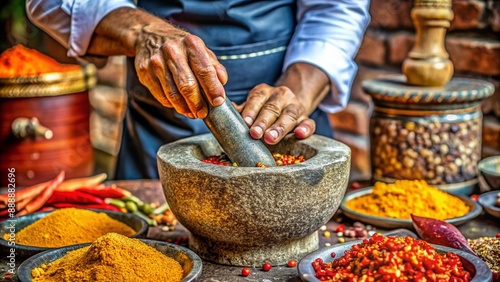 A woman with colorful spices in her hand browses a bustling market for fresh fish for tonight's meal