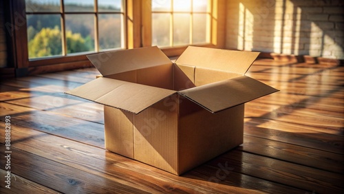 An empty brown cardboard box sits open on a bare floor in an isolated room