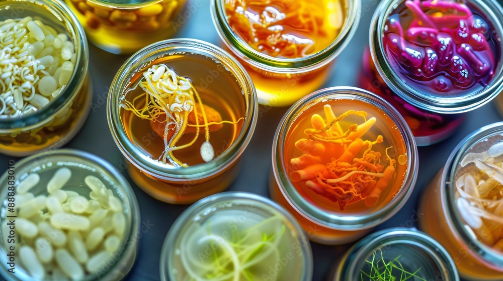 Bacterial Communities in Fermented Foods , Science microscopic background, Microscopic view of various types of microorganisms Illustration image Bacterial Communities in Fermented Foods , Science microscopic background, Microscopic view of various types of microorganisms Illustration image