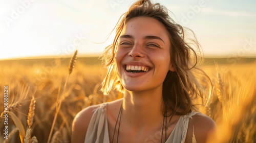 A beautiful woman smiling joyfully at the camera, amidst a field of wheat