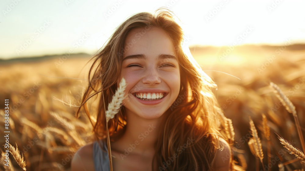 A beautiful young lady smiling with joy in a sunlit wheat field A beautiful young lady smiling with joy in a sunlit wheat field