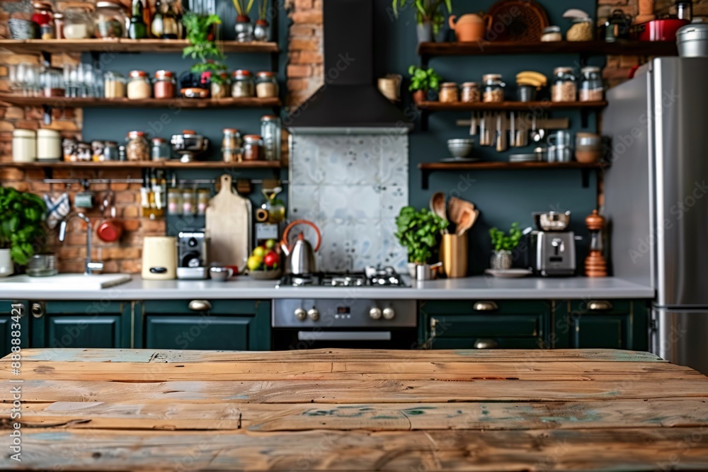 5. A clean, white wooden table top with a glossy finish, providing ample space for a product montage. The blurred kitchen background includes matte black cabinets, stainless steel appliances, and a 5. A clean, white wooden table top with a glossy finish, providing ample space for a product montage. The blurred kitchen background includes matte black cabinets, stainless steel appliances, and a
