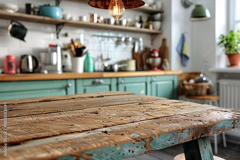 11. A wide, rustic oak wooden table top with visible grain patterns, set against a blurred contemporary kitchen. The background features white countertops, open shelving with stylish kitchenware, and 11. A wide, rustic oak wooden table top with visible grain patterns, set against a blurred contemporary kitchen. The background features white countertops, open shelving with stylish kitchenware, and