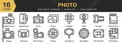 Set of 16 Photo icon set. Editable Stroke Icon Collection. Includes digital camera, photo camera, slow motion, panorama, memory card, and More. Outline icons vector collection.