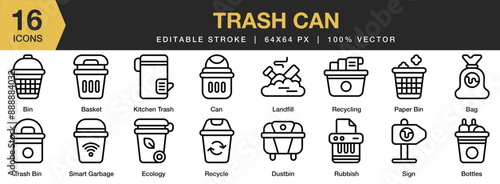 Set of 16 Trash can icon set. Editable Stroke Icon Collection. Includes bag, bottles, dustbin, kitchen trash, rubbish, smart garbage, and More. Outline icons vector collection.