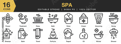 Set of 16 SPA icon set. Editable Stroke Icon Collection. Includes balm, grooming, honey, robe, relax, teapot, and More. Outline icons vector collection.