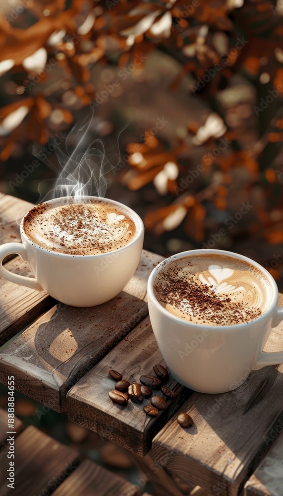 Steaming hot coffee cup and irish coffee mug with cocoa powder on vintage wooden bench Steaming hot coffee cup and irish coffee mug with cocoa powder on vintage wooden bench