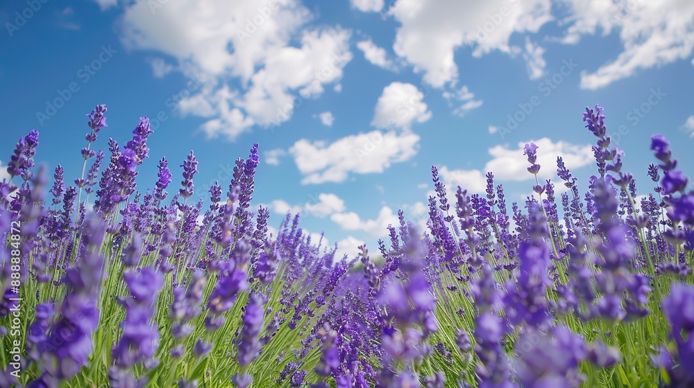 Purple lavender flowers grow abundantly in a vast flower field with a bright blue and cloudy sky in the background. Purple lavender flowers grow abundantly in a vast flower field with a bright blue and cloudy sky in the background.