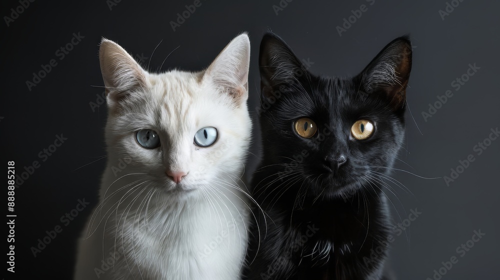 Black cat and white cat looking at camera on black background Black cat and white cat looking at camera on black background