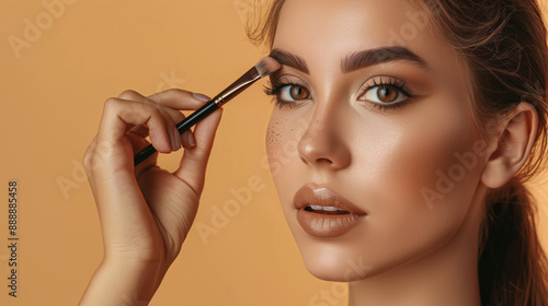 Elegant woman applying eye makeup, with a brush in hand