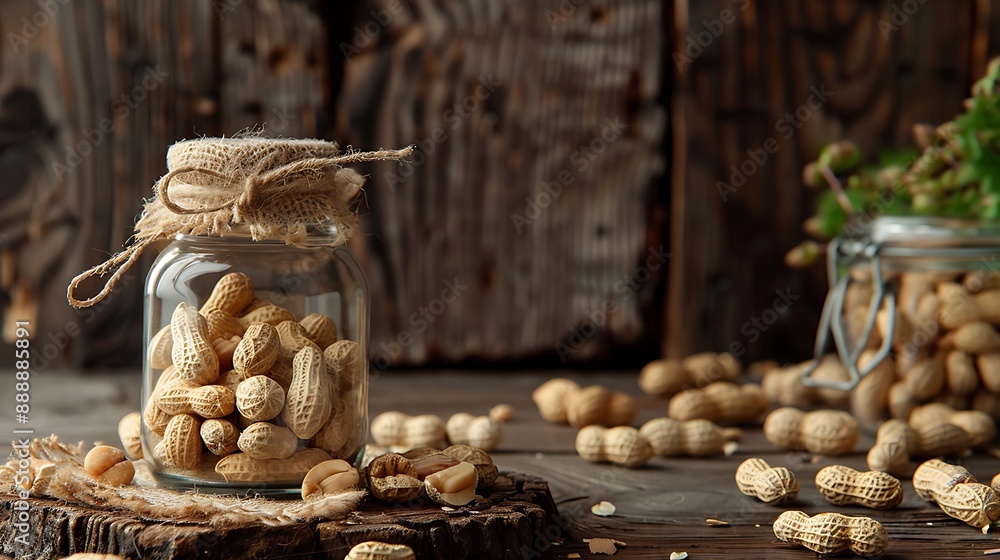 On a rustic table a glass jar with peanuts sprinkled about it