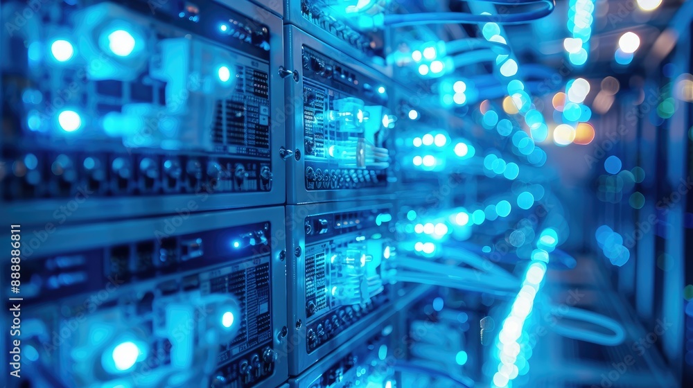 A light blue lights and wires in a room with a computer set in the background. Generative AI. A light blue lights and wires in a room with a computer set in the background. Generative AI.