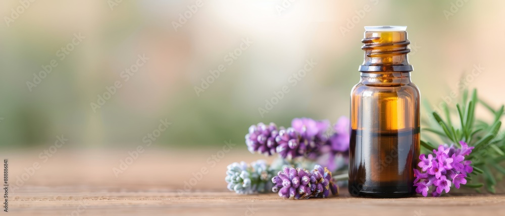 A tight shot of an essential oil bottle near a wildflower bouquet on a wooden table A tight shot of an essential oil bottle near a wildflower bouquet on a wooden table