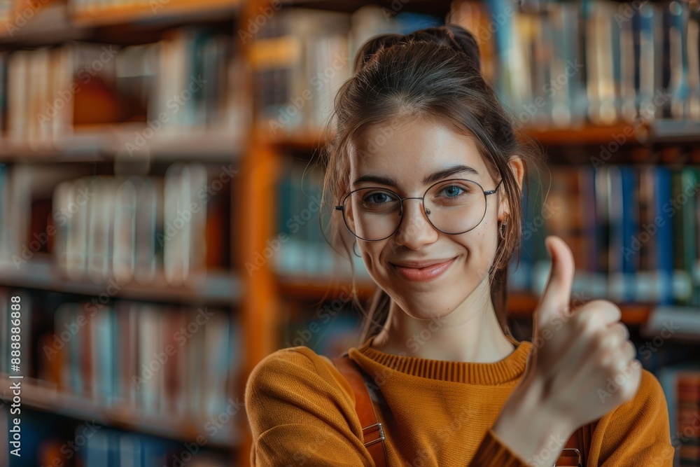 Student Girl Showing Thumbs Up, Young Woman in Library with Positive Gesture, Generative AI Illustration Student Girl Showing Thumbs Up, Young Woman in Library with Positive Gesture, Generative AI Illustration