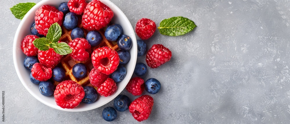 A bowl of raspberries, blueberries, and red raspberries garnished with fresh mint leaves against a gray backdrop A bowl of raspberries, blueberries, and red raspberries garnished with fresh mint leaves against a gray backdrop