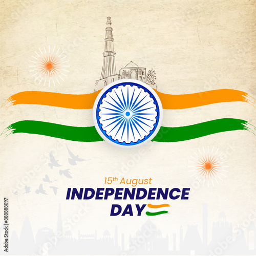Independence day flag and tajmahal on texture backgroundCentral Ashoka Chakra with intricate floral designs, and decorative 15 August dates in a striking black and white line 