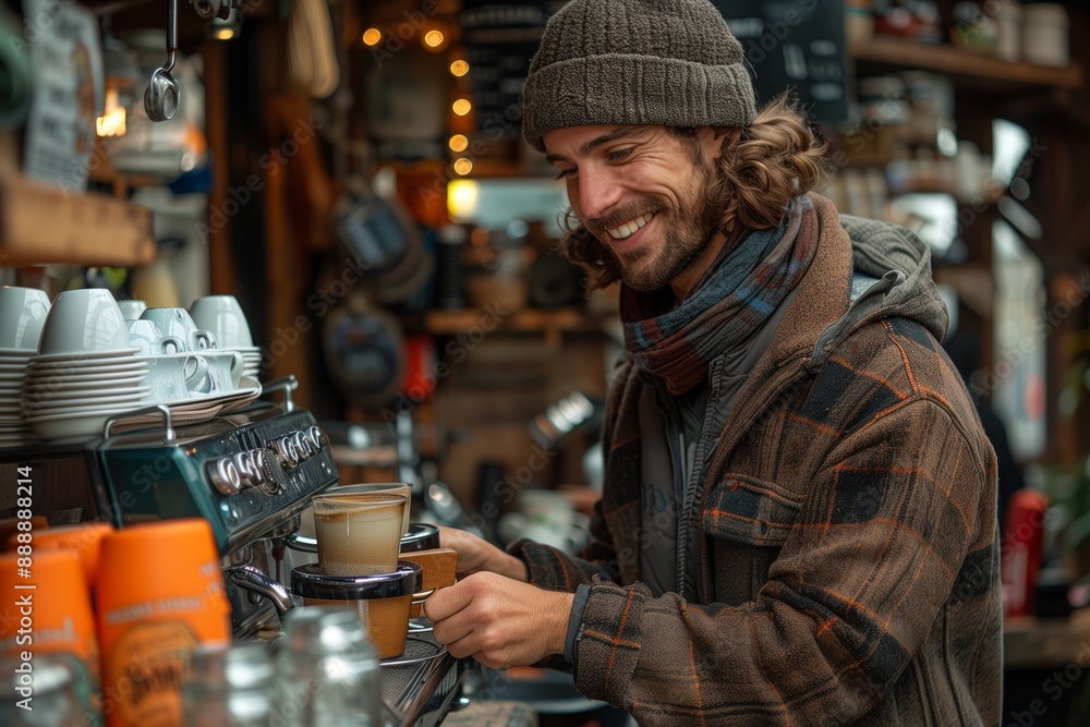 Man Making Coffee in a Rustic Cafe on a Sunny Day Man Making Coffee in a Rustic Cafe on a Sunny Day