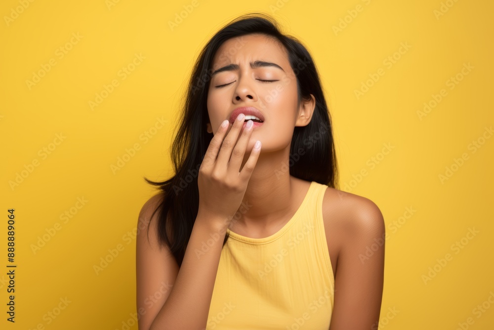 Photo of a 24-year-old female, Asian, yawning with her hand covering her mouth, against a pastel yellow background Photo of a 24-year-old female, Asian, yawning with her hand covering her mouth, against a pastel yellow background