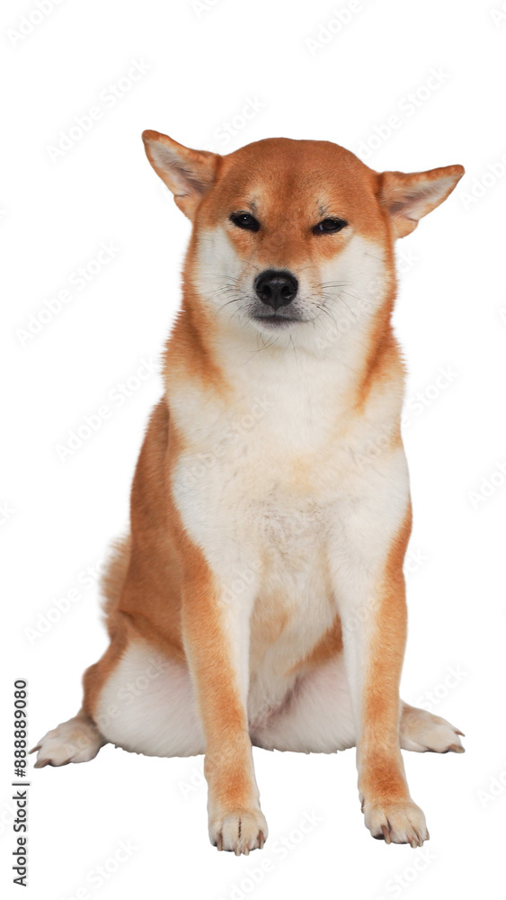 Smiling Shiba Inu with Eyes Closed sitting comfortably against a clean white background Smiling Shiba Inu with Eyes Closed sitting comfortably against a clean white background
