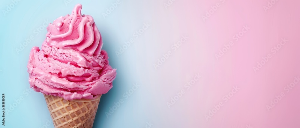 A pink ice cream in a waffle cone against a blue-pink background, framed by a pink-white border A pink ice cream in a waffle cone against a blue-pink background, framed by a pink-white border