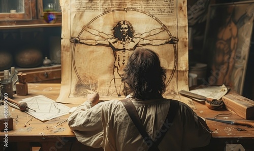 The Blend of Art and Science: Documentary Shot of Leonardo Da Vinci Working on his Famous Piece of the Vitruvian Man in his Workshop. Historical Moment Depiction of Talent and, Generative AI photo