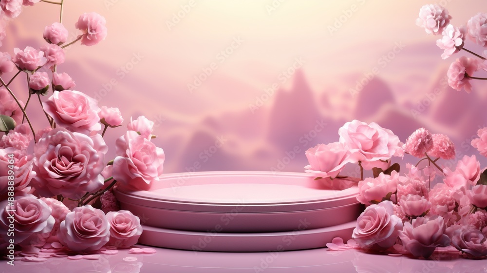 Podium background flower rose product pink 3d spring table beauty stand display nature white. Garden rose floral summer background podium cosmetic valentine easter field scene gift purple day romantic Podium background flower rose product pink 3d spring table beauty stand display nature white. Garden rose floral summer background podium cosmetic valentine easter field scene gift purple day romantic