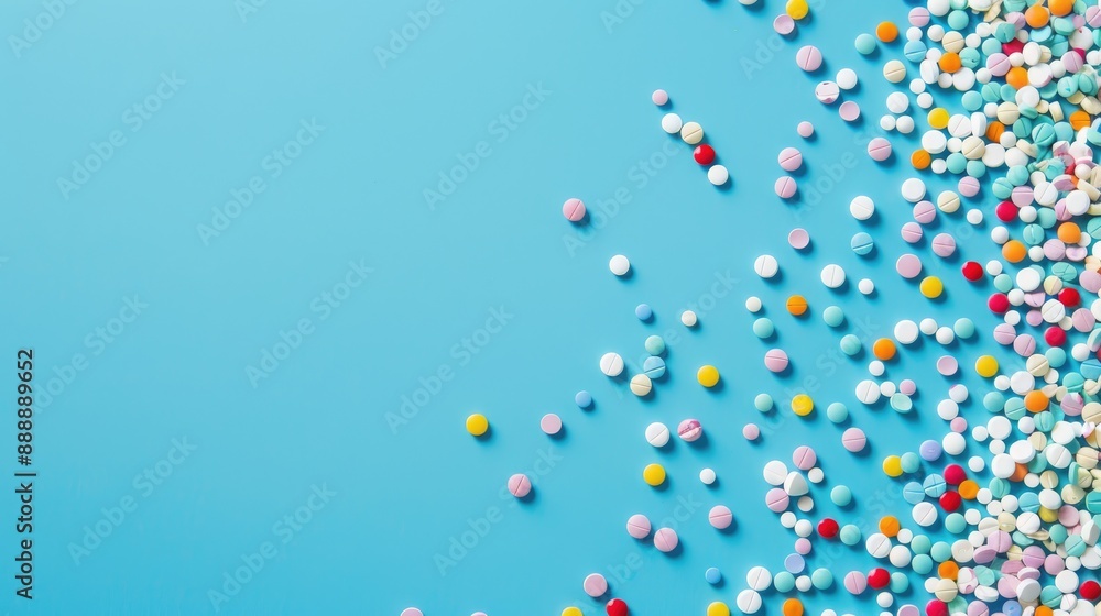 Spilled medication variety on blue background viewed from top with space for text Spilled medication variety on blue background viewed from top with space for text