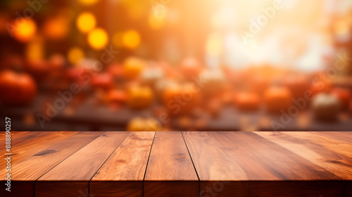 Fototapeta Naklejka Na Ścianę i Meble -  Empty wooden table in front blurred pumpkins halloween fall style background, product display montage