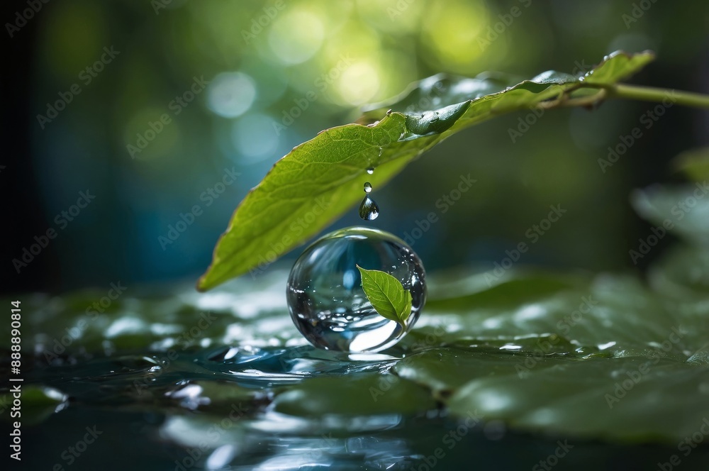 Water droplet reflecting leaf in nature surrounding greenery Water droplet reflecting leaf in nature surrounding greenery