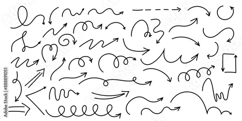 Spiral arrow doodle, wavy twist minimal squiggly line set. Curve comic turn way direction. Playful quirky simple free hand elements. 
