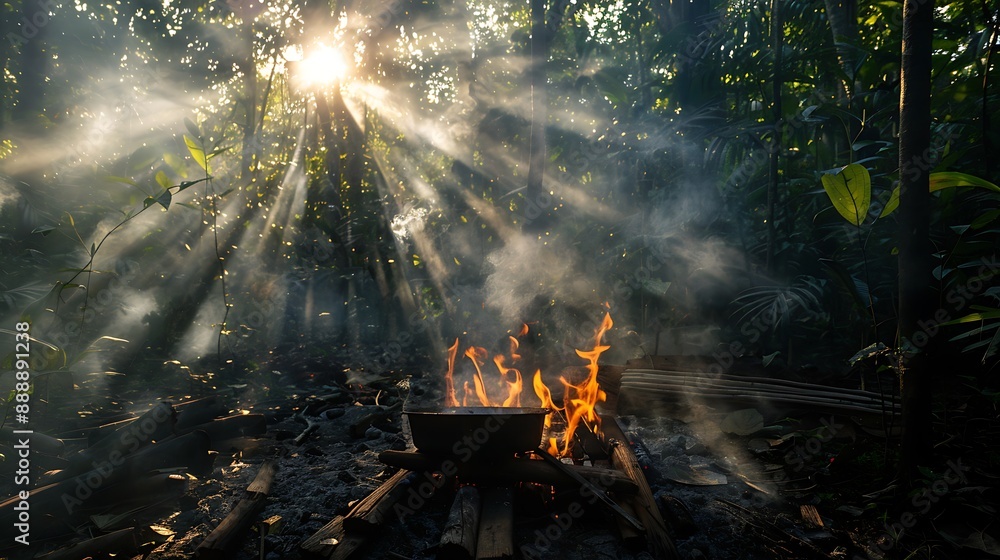 Organizing a meal in an oven over a raging a fire in the jungle Organizing a meal in an oven over a raging a fire in the jungle