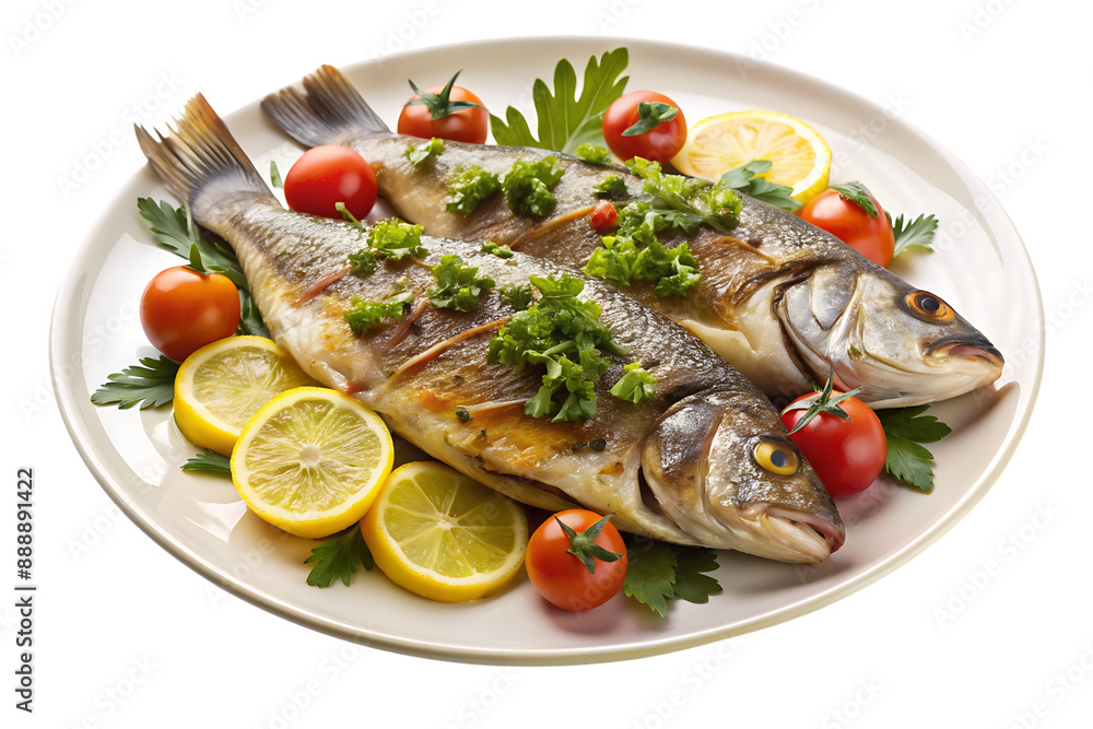 Fish on a plate lemon, tomatoes, dill on a transparent background, png Fish on a plate lemon, tomatoes, dill on a transparent background, png