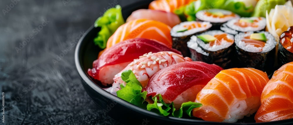 sliced fish, rice, avocado, and cucumber Chopsticks and garnishes (pickled ginger sliced fish, rice, avocado, and cucumber Chopsticks and garnishes (pickled ginger