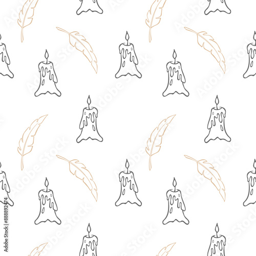 Wax candle and feathers pattern, mysticism occult esoteric rituals magic. Vector illustration
