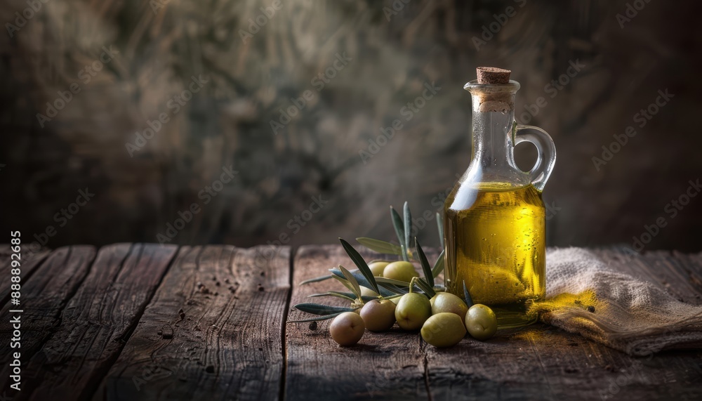 A bottle of olive oil with olives and leaves on a rustic wooden table. A bottle of olive oil with olives and leaves on a rustic wooden table.