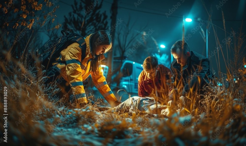 Foto de Crime Scene at Night: Crime Scene Investigation Team Working on ...