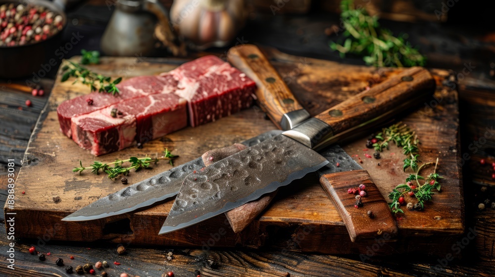 Close Up of Butcher Knives with Beef on a Wooden Cutting Board Close Up of Butcher Knives with Beef on a Wooden Cutting Board