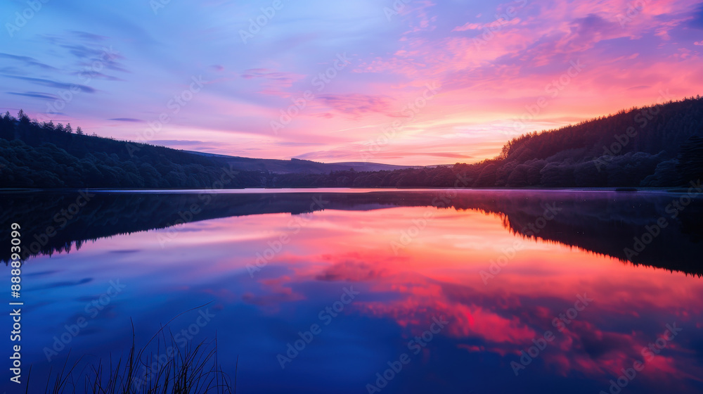 Fototapeta premium A peaceful sunset reflecting on a calm lake, creating a mirror image