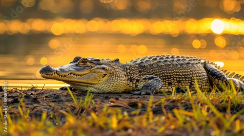 Closeup of a crocodile resting on the river bank with a bokeh background.