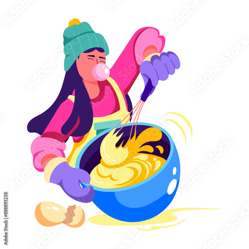 Cool girl mixing batter, flat character illustration 