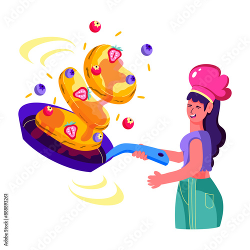 Happy girl making pancakes, flat style illustration 