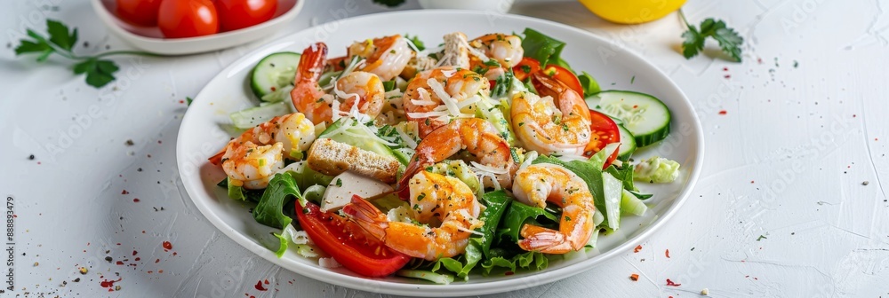 Caesar Salad with Shrimps, Chicken, Croutons, Tomatoes, Cucumbers on White Plate Caesar Salad with Shrimps, Chicken, Croutons, Tomatoes, Cucumbers on White Plate